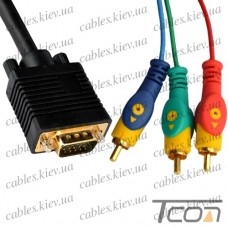 Шнур компьютерный штекер VGA 15pin - 3 штекер RCA (RGB), gold, диам.-8,0мм, 3м, Tcom